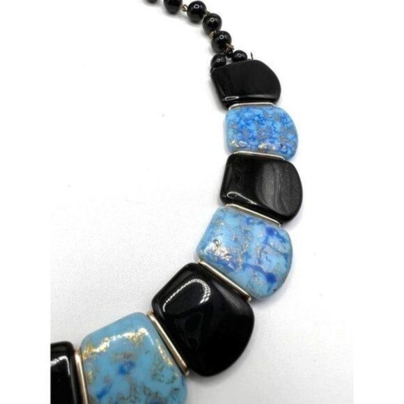Vintage Western Germany Blue & Black Flat Glass Bead Choker Necklace 18” – MCM - Picture 3 of 8